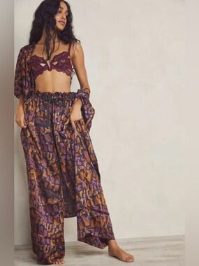 Free People Goddess Lounge Satin Ruffled Palazzo Pants- LG